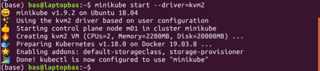 Ubuntu terminal showing finished minikube installation log output