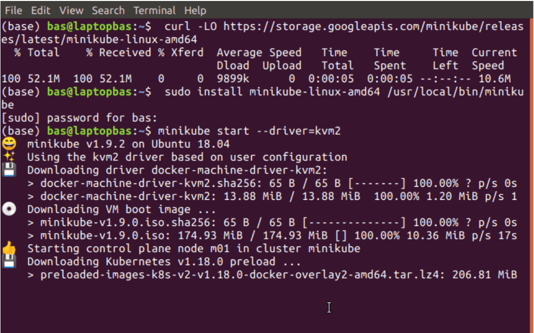 Ubuntu terminal showing minikube installation log output